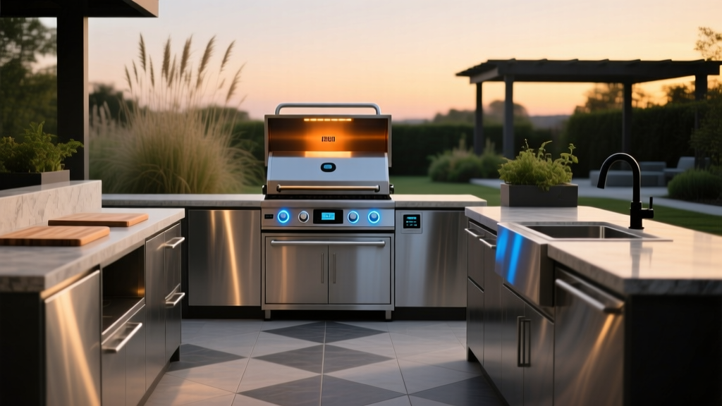 A sleek, modern outdoor kitchen featuring a smart pellet grill with a glowing digital interface and stainless steel prep stations at dusk.