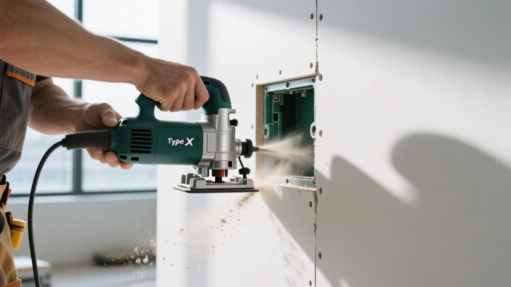 Contractor using a drywall router to cut an electrical box opening in Type X fire-rated gypsum board with dust extraction attached