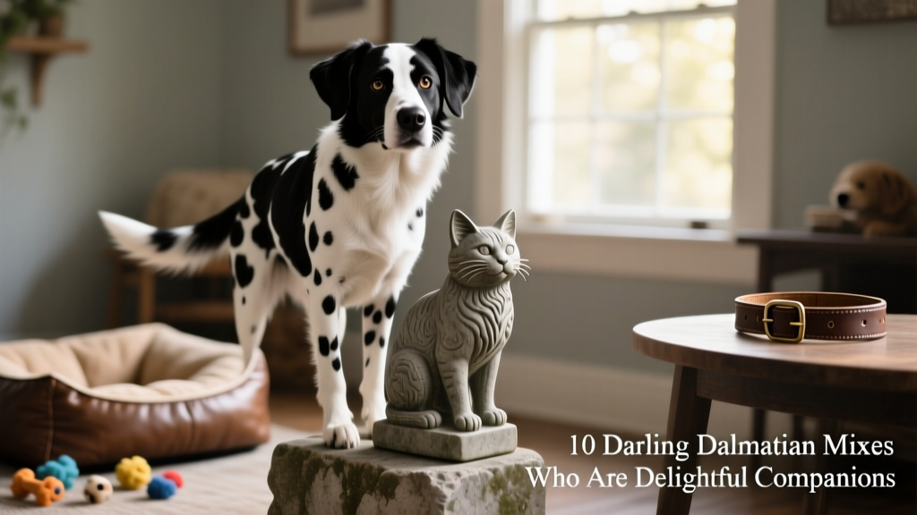 Black and white Australian Shepherd Dalmatian Mix standing on cat statue