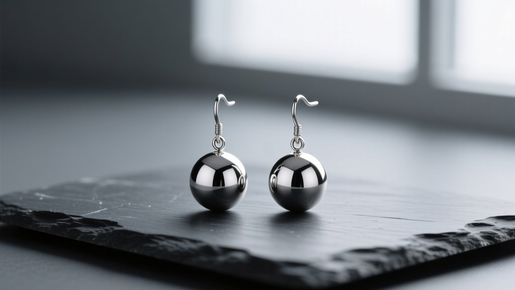 Sterling silver ball drop earrings resting on dark slate, soft lighting highlighting the smooth metallic reflection.