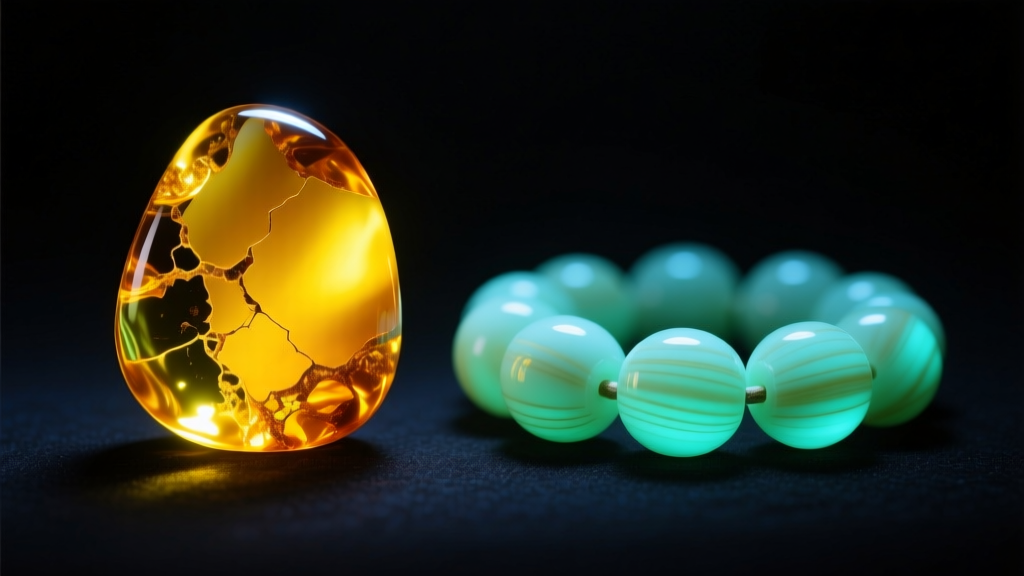 Raw Baltic amber beads next to smooth copal beads under a UV blacklight, showing distinct fluorescent differences in a dark room