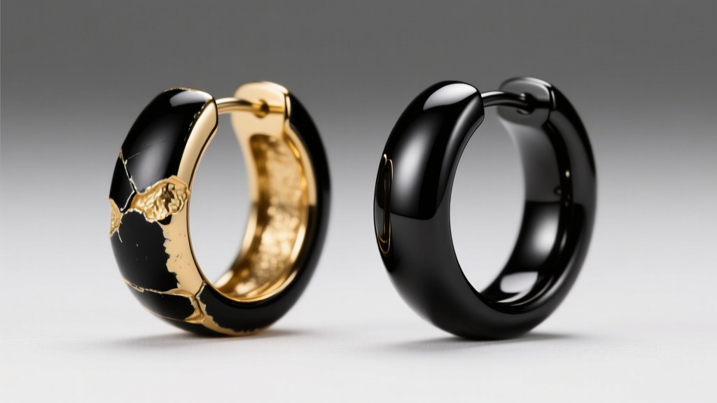 Two black ring earrings side by side: one with chipped black enamel revealing gold beneath, and one pristine PVD coated titanium hoop