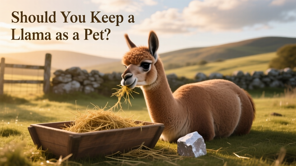 A llama calmly eating from a low trough filled with fresh hay and a mineral block nearby