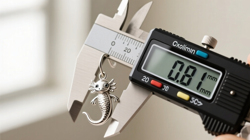 Close-up of a digital caliper measuring the 0.81mm thickness of a 20-gauge sterling silver axolotl dangle earring post.