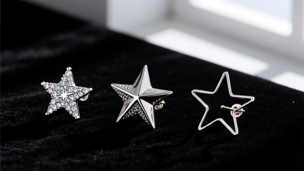 Flat lay of three clip on star earrings on dark velvet: a micro-pave shooting star, a chunky star, and a minimalist wire star