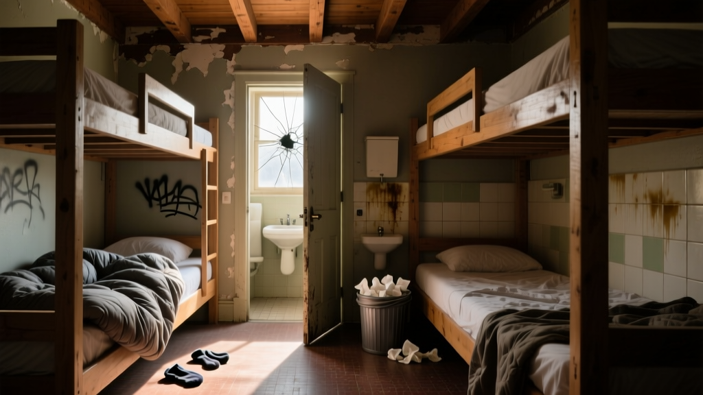 an hostel dorm full of bunk beds