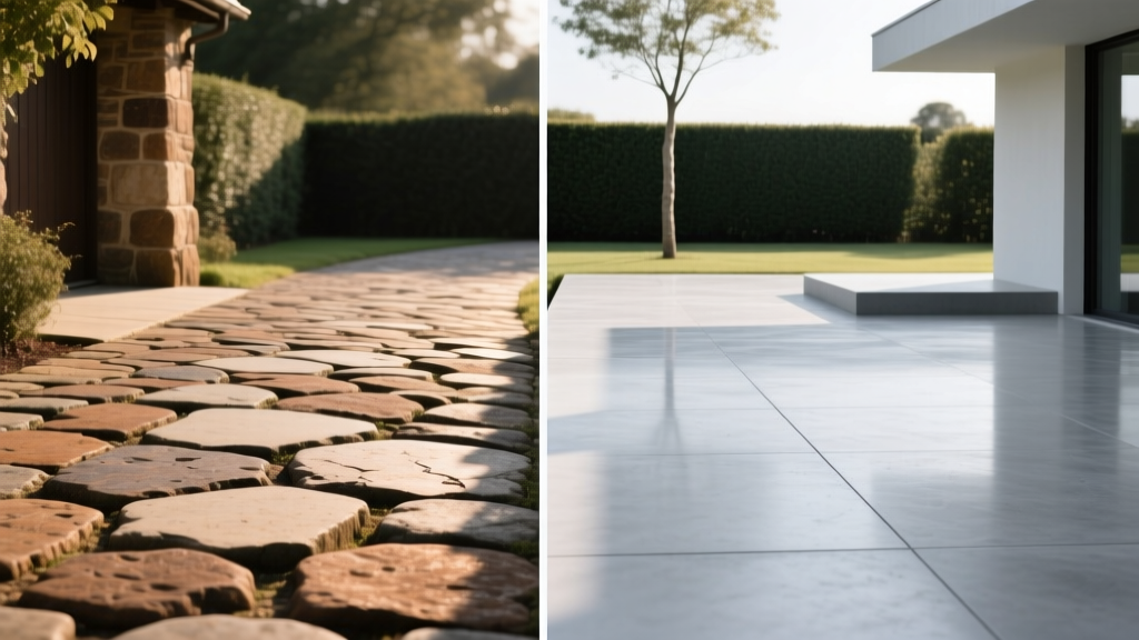 Split-view landscape of a rustic cobblestone stamped concrete driveway beside a sleek, light-gray brushed concrete modern patio