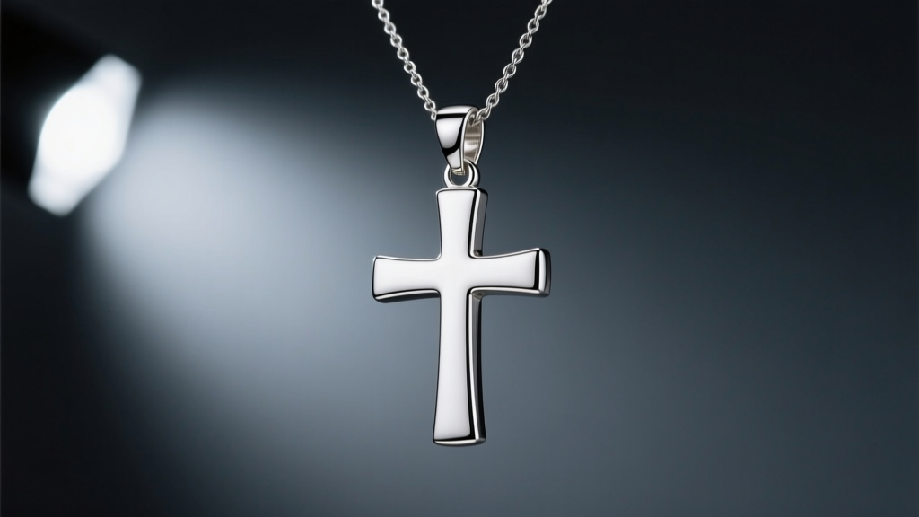 Macro studio setup capturing a silver Latin cross pendant on a cable chain, lit by a softbox and pinpoint LED against dark slate.
