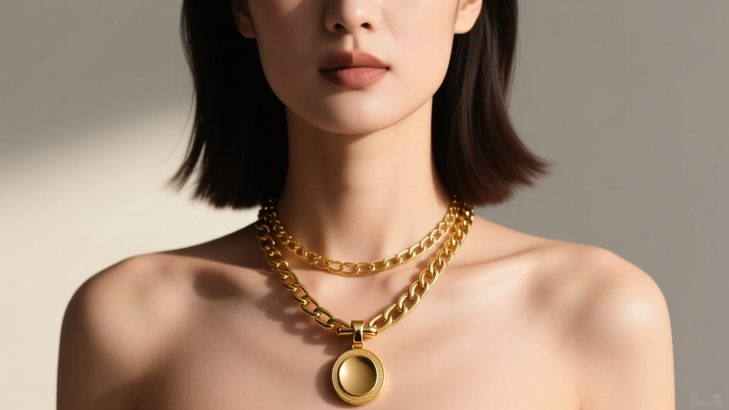 Woman wearing layered necklaces featuring a heavy gold pendant on a box chain, with a toggle clasp securely resting at the nape