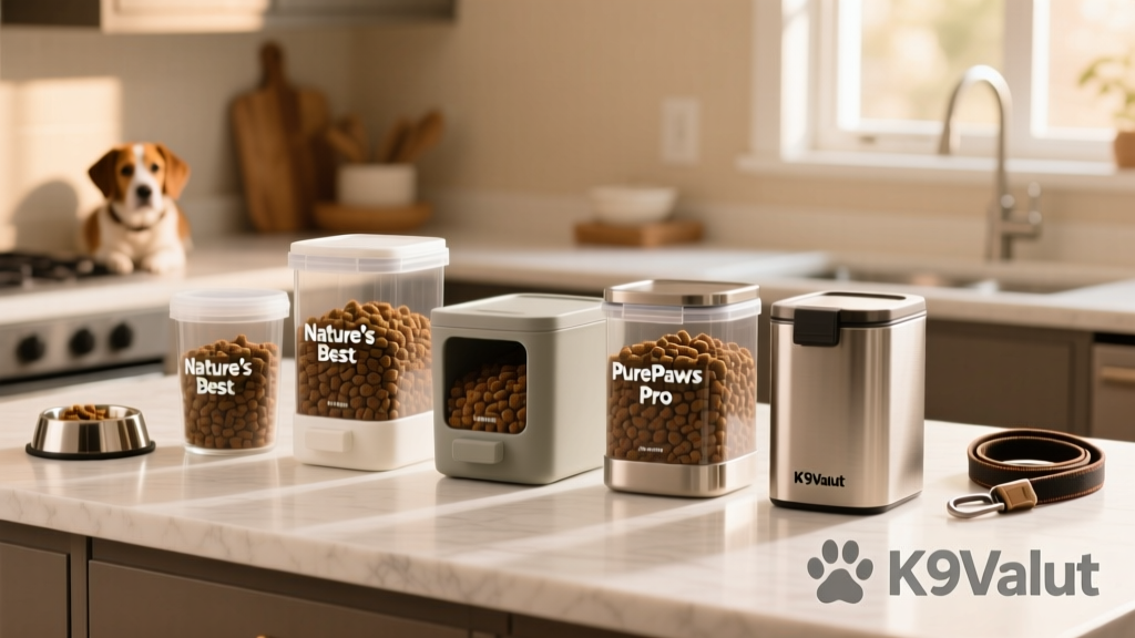 Side-by-side comparison of five popular dog food storage containers on a clean kitchen counter
