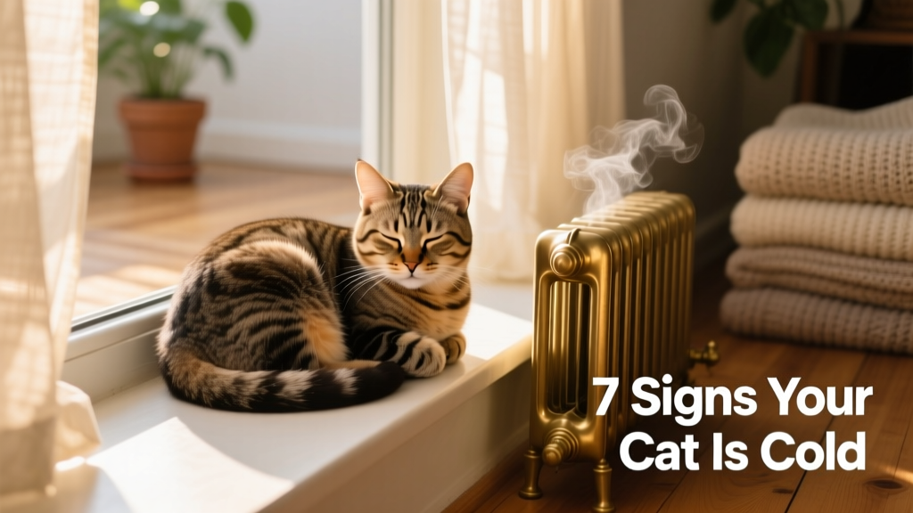 Cat curled up on a sunny windowsill next to a warm radiator
