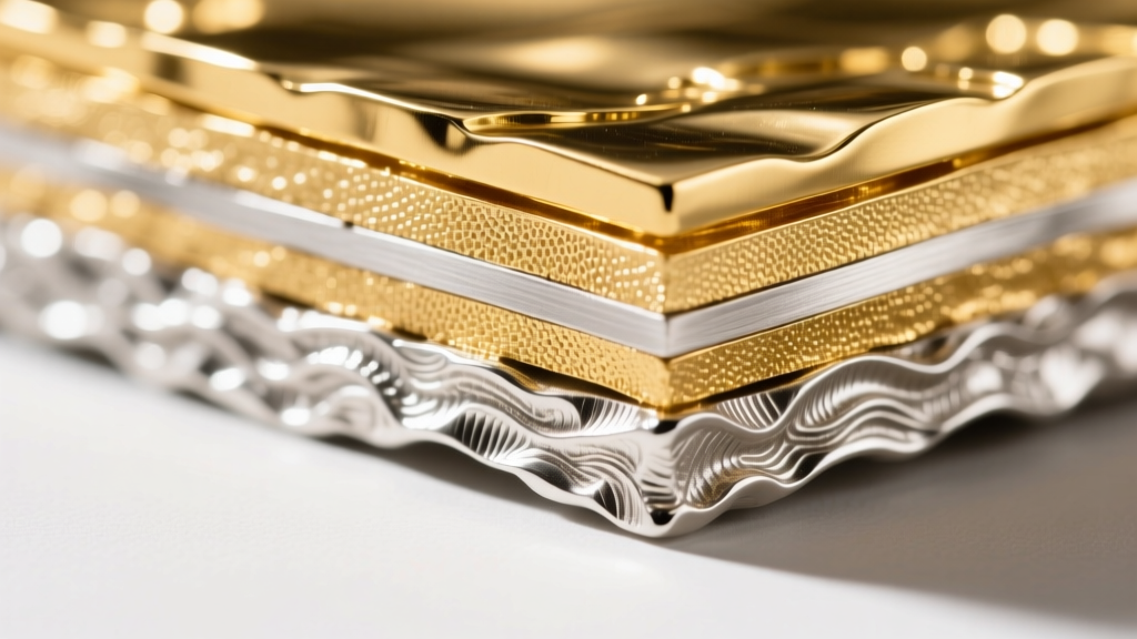 Macro cross-section view of gold vermeil showing a thick 2.5 micron gold layer bonded over a textured sterling silver base metal