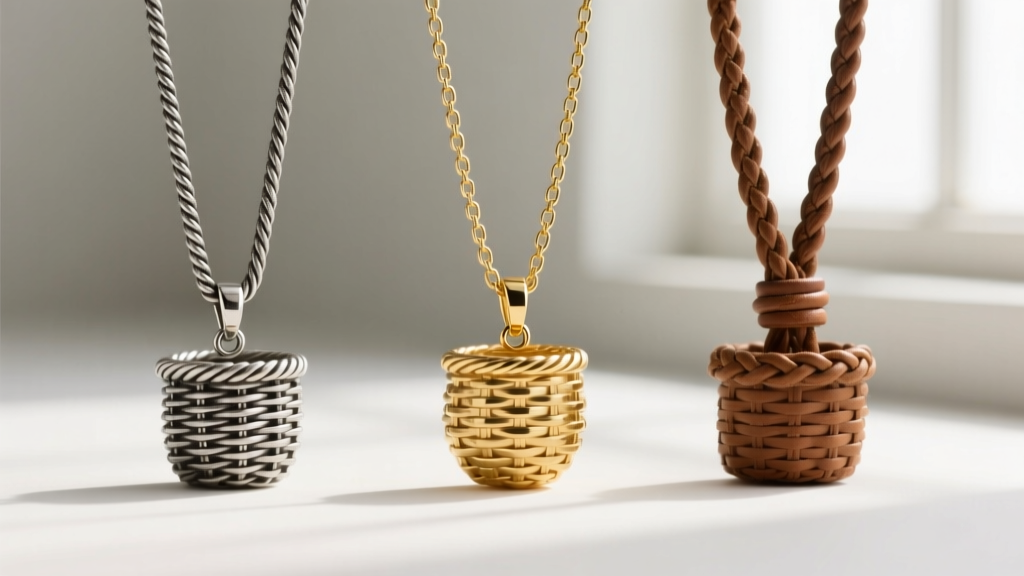 Three Nantucket basket pendants displayed on an oxidized silver rope chain, a 14k gold box chain, and a braided leather cord.