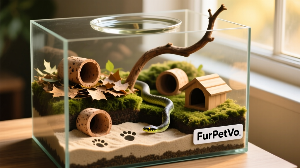 A well-designed FurPetVo terrarium with layered substrate, multiple hide spots, a climbing branch, and a shallow water dish