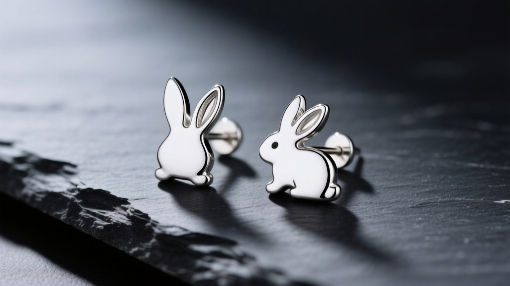 Close-up of 925 sterling silver bunny silhouette stud earrings resting on dark slate, reflecting soft directional studio lighting