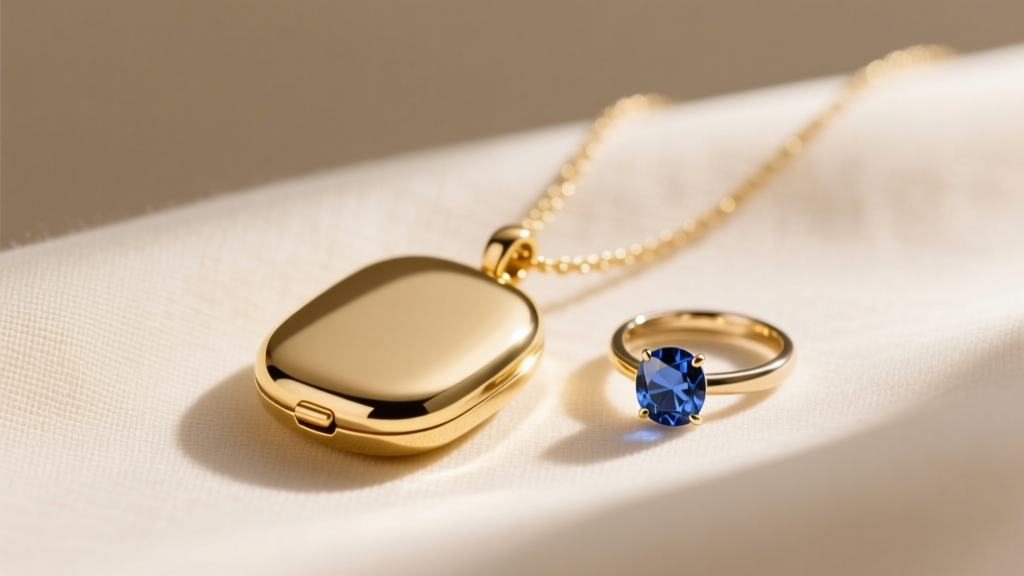 Solid 14k gold modern locket necklace on cream linen beside a delicate sapphire ring, lit by soft morning light