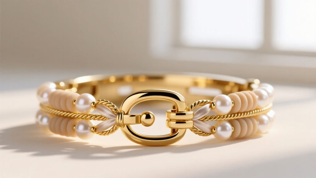 Macro view of 18k gold multi-strand slide clasp securing three silk-knotted pearl strands, showing silicone grips in bright light.