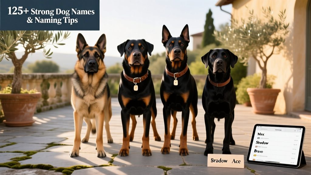 A diverse group of strong-looking dogs—German Shepherd, Rottweiler, Doberman, and Black Labrador—standing together confidently on a sunlit stone terrace
