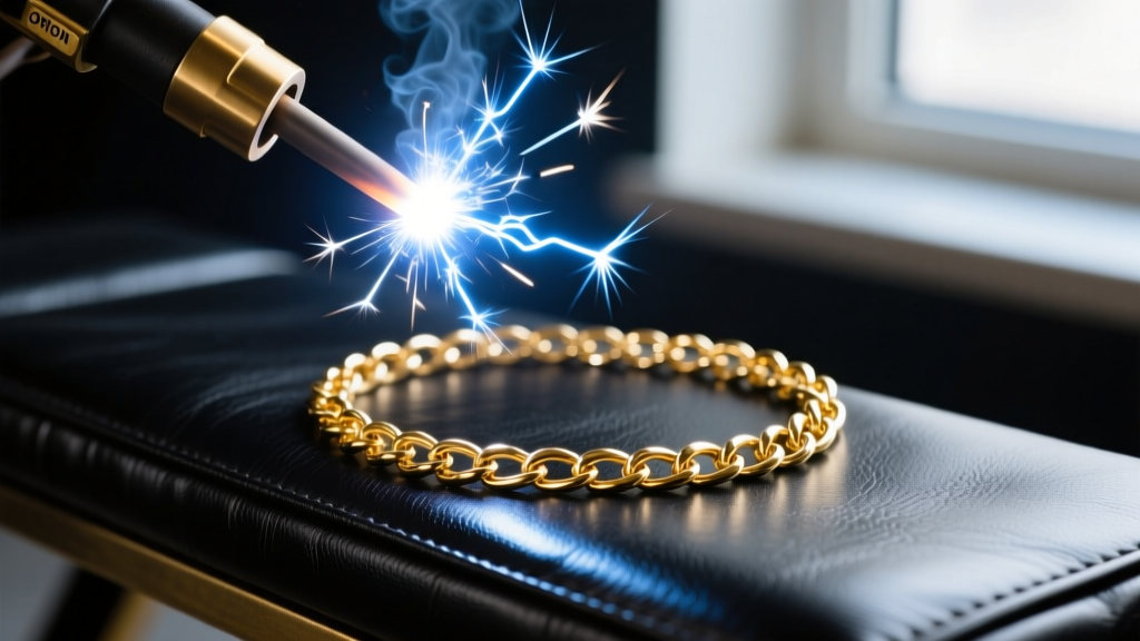 Macro shot of an Orion pulse arc welder electrode sparking over a 14k gold permanent jewelry chain on a dark leather bench