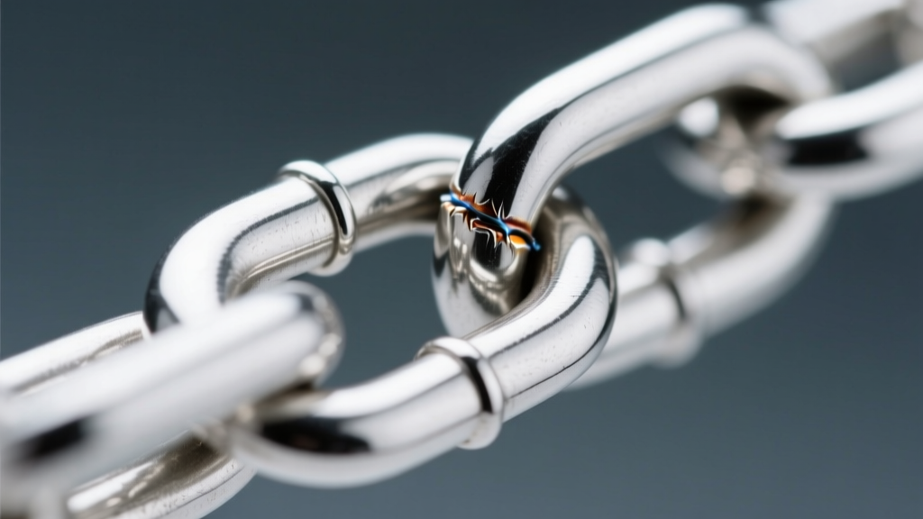 Macro shot of a sterling silver chain link showing a soldered joint, lit softly to highlight the seam texture and metal grain.