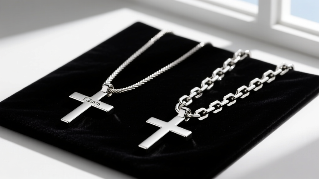 Comparison of a 0.8mm cable chain and 1.2mm box chain supporting a solid platinum horizontal cross pendant on a dark velvet pad.