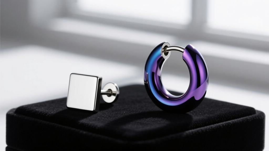 Side-by-side comparison of a flash-plated zinc stud and a PVD-coated steel huggie, showing differences in color depth and surface reflection