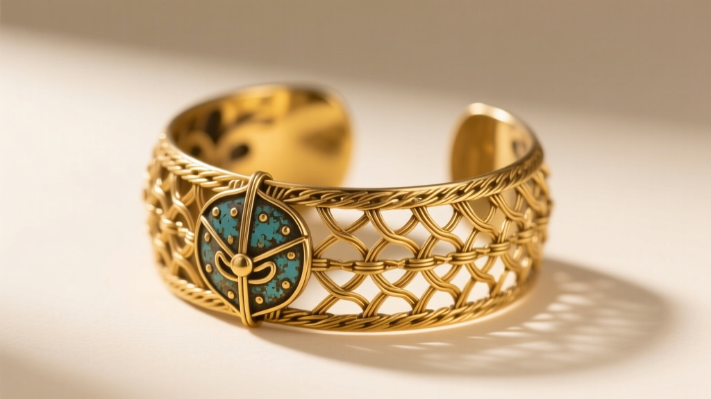 Modern 18-gauge gold filigree cuff inspired by Han armor, highlighting woven wirework and oxidized details in soft lighting