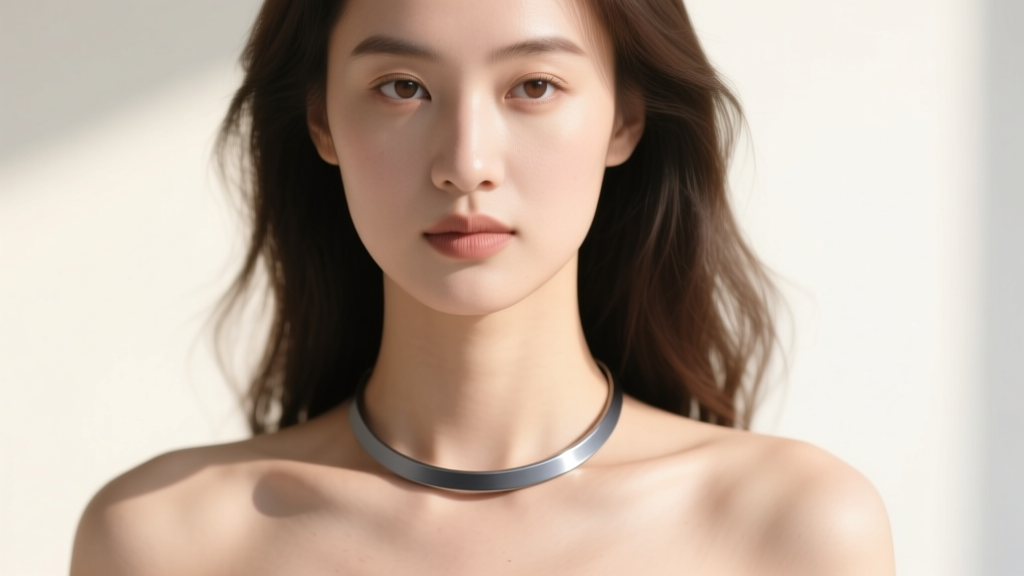 Young woman wearing a minimalist titanium bar necklace, showing the dark grey metal against her collarbone in bright daylight.