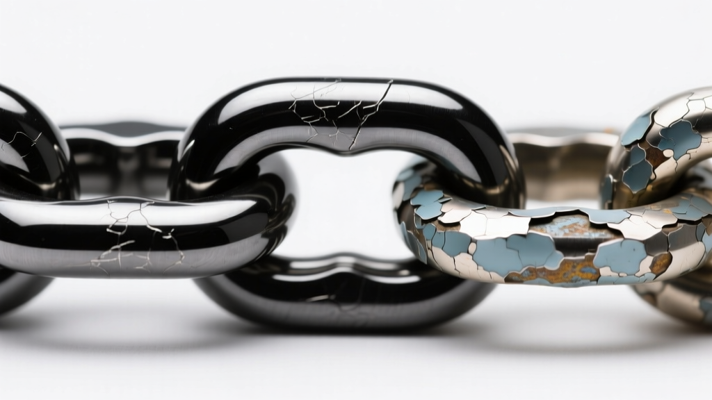Macro shot of PVD black coated steel chain links next to flaking electroplated zinc alloy links under bright studio light