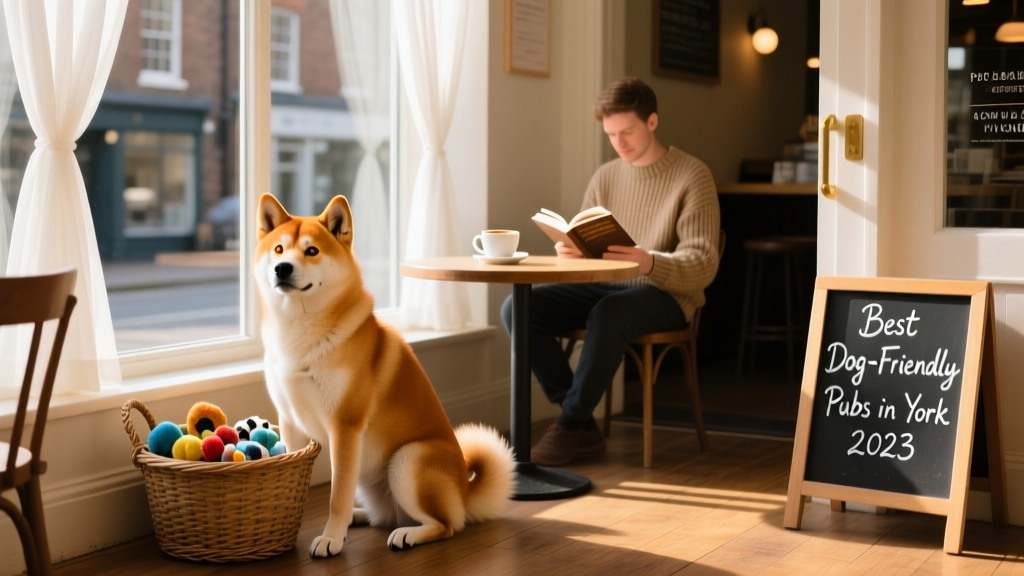 A relaxed Shiba Inu sitting beside a large window in a bright, airy dog-friendly café, with a person reading nearby