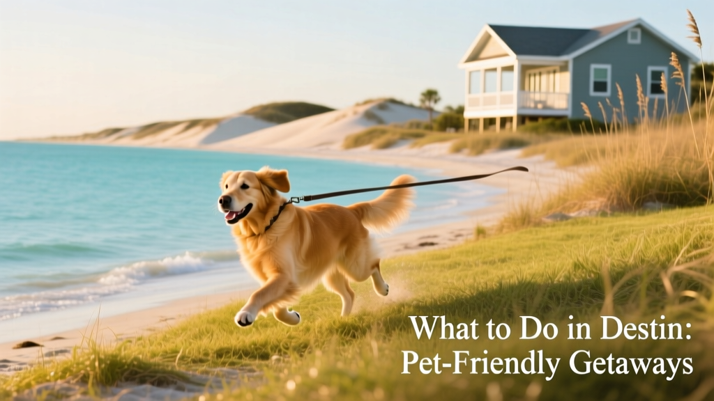 A happy dog running along a grassy shoreline near Destin, leash in hand, with calm water and dunes in the background