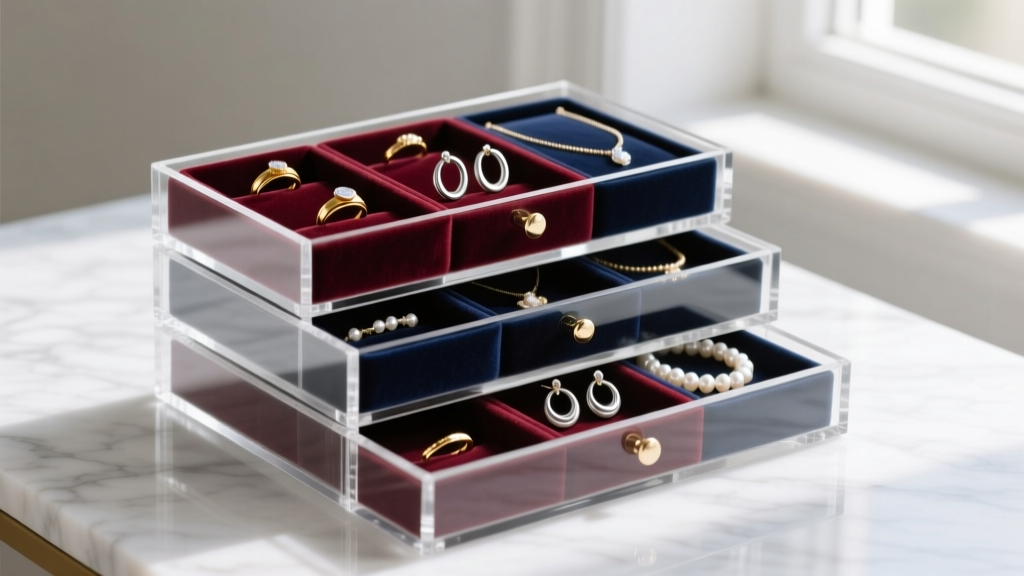 Clear acrylic stackable jewelry organizer on marble, featuring velvet slots for gold rings, silver hoops, and pearl necklaces