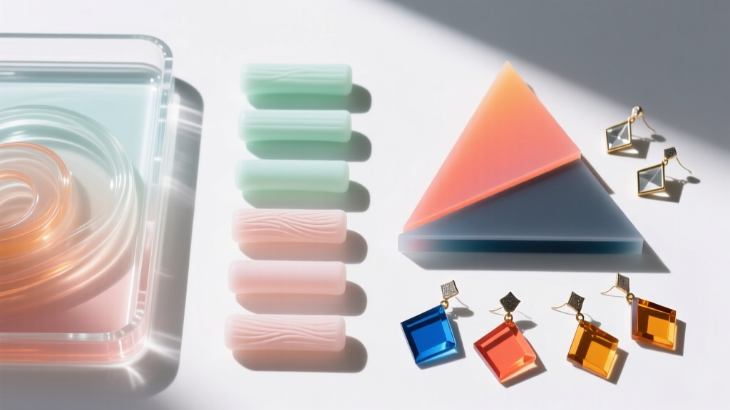 Overhead shot of a workbench with UV resin, medical-grade silicone earring sleeves, and upcycled geometric discount earrings