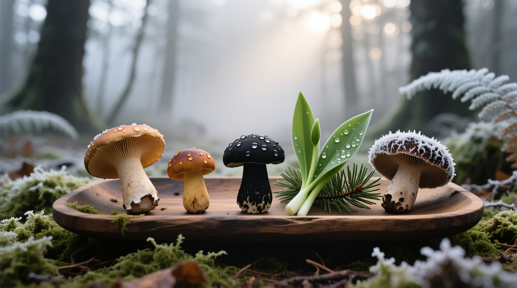 Winter mushroom foraging season highlighting seasonal availability of natural umami sources in forest ecosystems