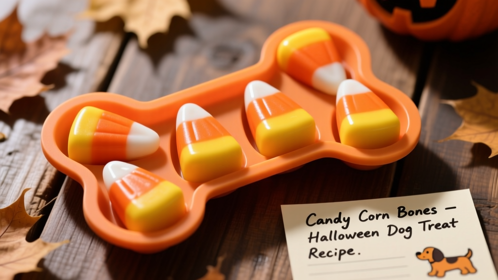 Top-down photo of vibrant orange, yellow, and white layered candy corn-shaped dog treats in a silicone bone mold