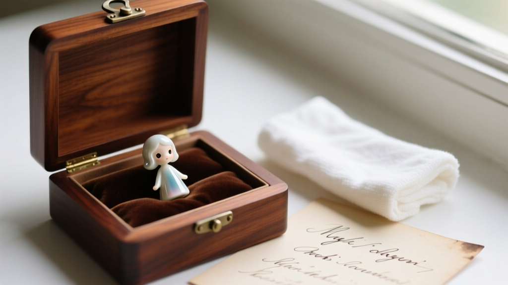 Open mahogany box with porcelain magic doll drop earrings resting next to a handwritten note and a soft polishing cloth