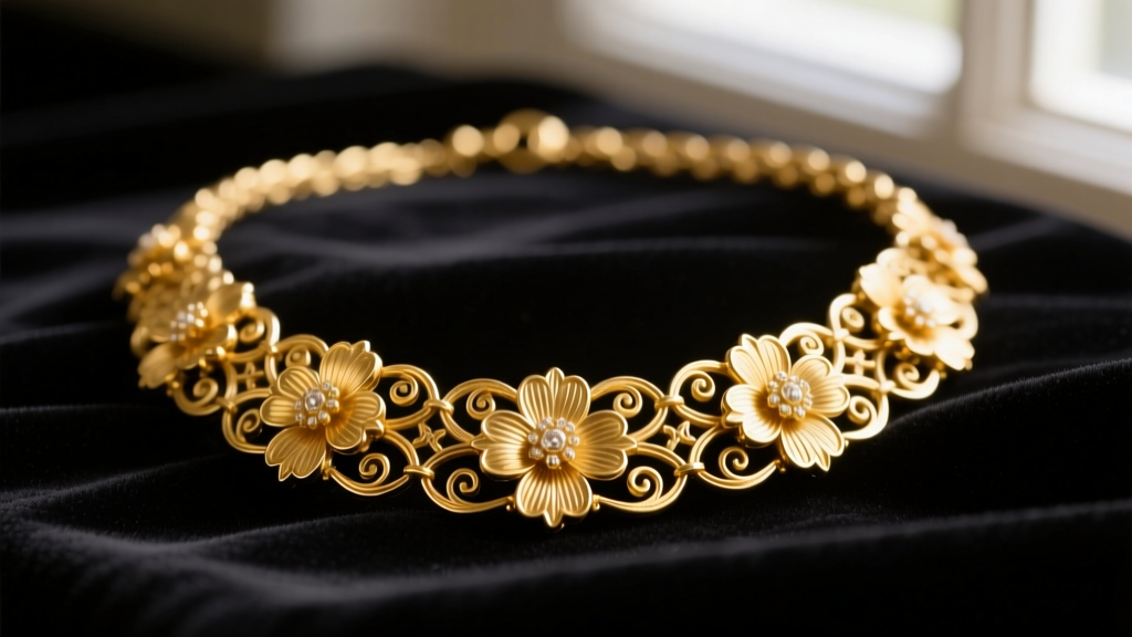 Close-up of a vintage 1960s British 18k yellow gold festoon necklace on dark velvet, highlighting intricate floral link details.