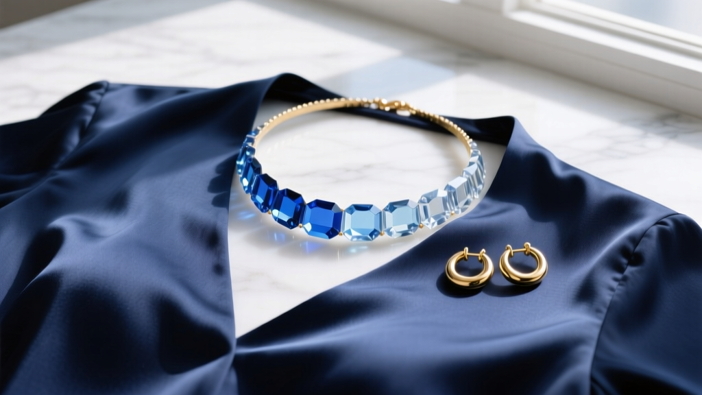 Flat lay styling board showing a blue-to-clear ombre crystal collar necklace paired with a navy silk V-neck blouse and gold hoops.