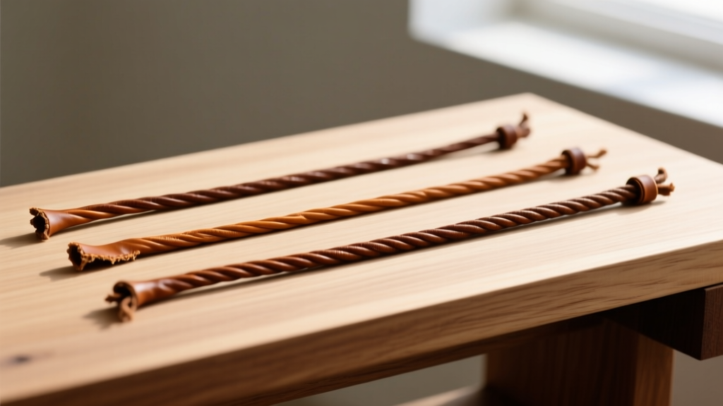 Three rawhide necklace cords of 1mm, 2mm, and 3mm thicknesses laid parallel on a wooden jeweler