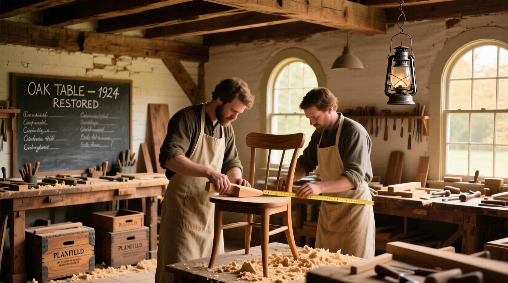 Reclaimed wood workshop in Plainfield craft district with artisans