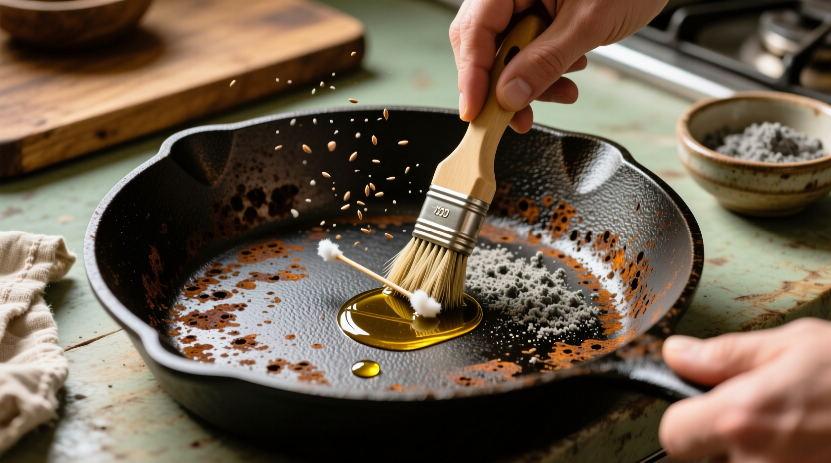 eco friendly cast iron cleaning with ash flaxseed oil