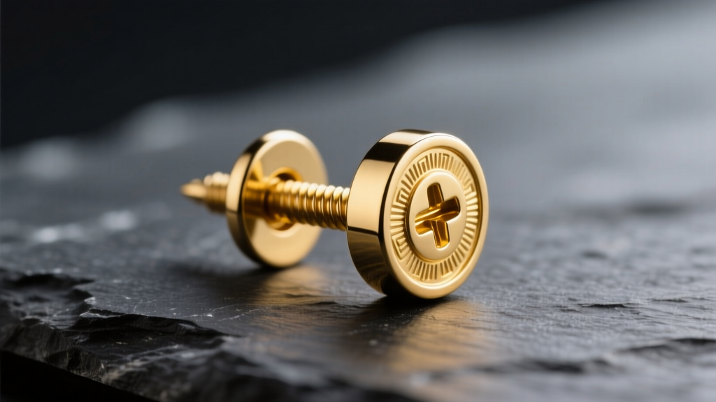 Macro photography of an 18k yellow gold earring post with a precision-machined screw back, resting on dark slate, studio lighting