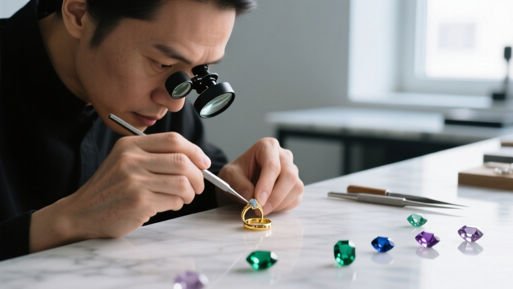Jeweler using a small jeweler's saw to cut a thick stainless steel lock pendant chain on a wooden workbench under bright lights