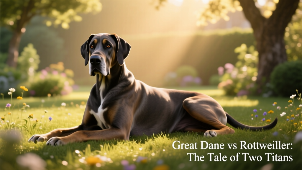 A calm, regal Great Dane resting on sunlit grass, showcasing its elegant silhouette and expressive eyes