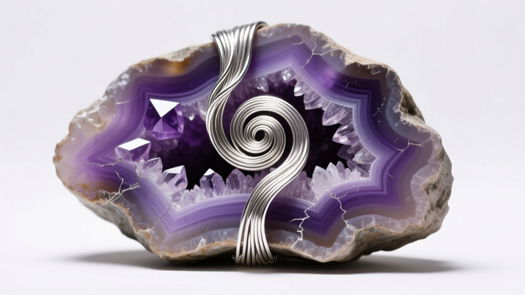 Extreme close-up of half-hard sterling silver wire woven tightly around a raw amethyst geode slice under bright studio lighting.