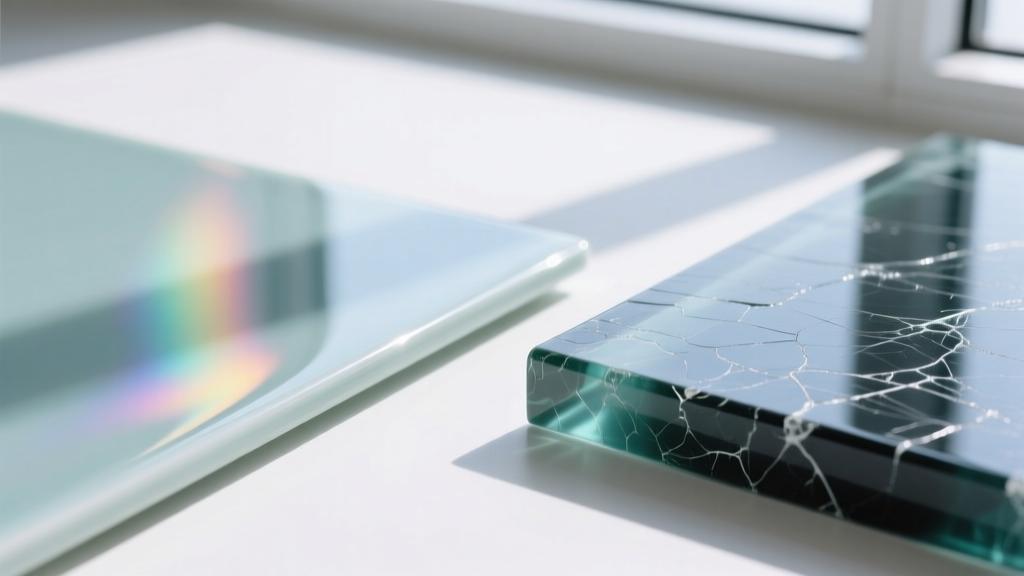 Macro comparison showing the glossy, glass-like finish of fired vitreous enamel next to the scratched surface of cold epoxy resin.