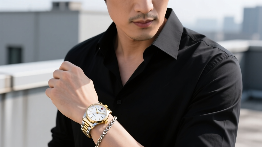 A man adjusting a white gold watch and chain, highlighting the bright rhodium-plated finish against his skin in natural daylight.