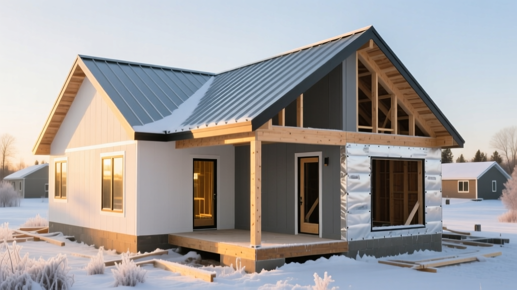 Modern craftsman home with metal roof and insulated walls under construction during a crisp Minnesota winter morning.