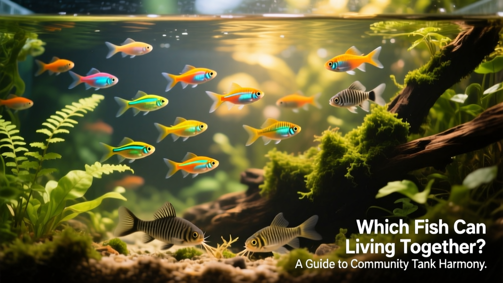 School of neon tetras swimming alongside guppies and corydoras catfish in a planted tank