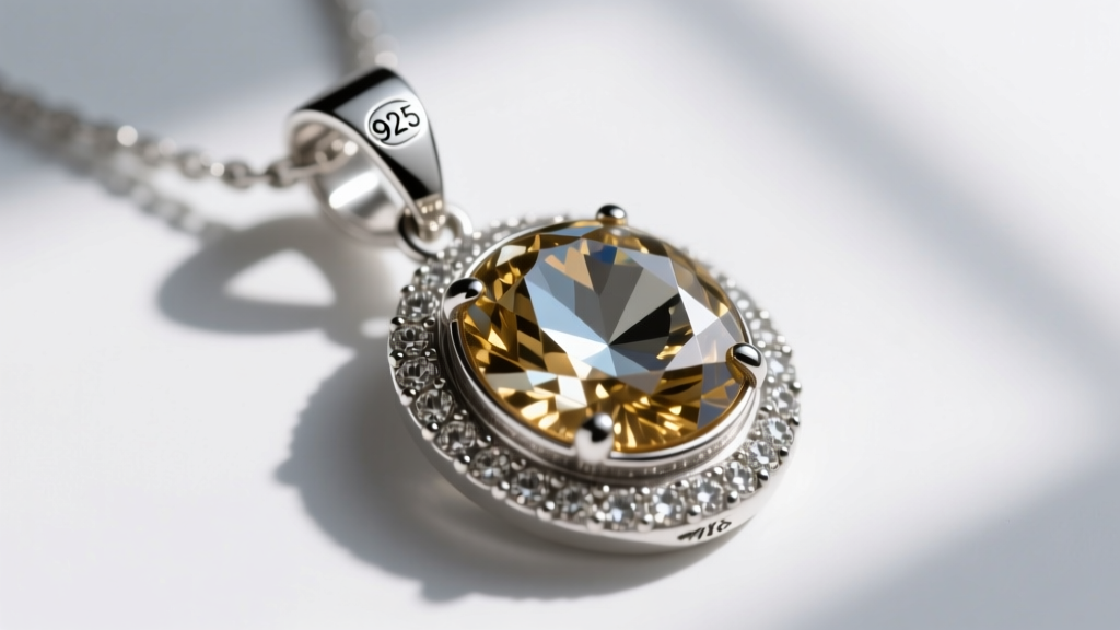 Macro photography of a vintage M&S sterling silver marcasite pendant showing pyrite inlay texture and a clear 925 hallmark stamp